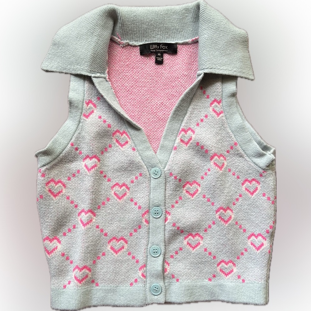 Witty Fox Women's Vest - Baby Blue with Pink and White Hearts, Size XS